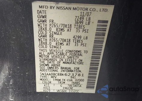 2008 Nissan Armada Se from USA, damaged, VIN 5N1AA08C88N623781